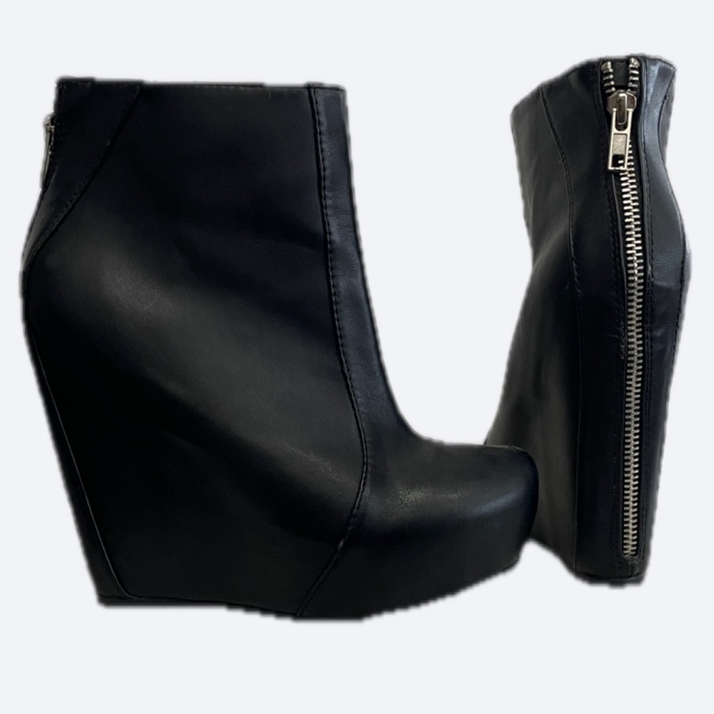 Black Wedge Ankle Boots with Rear Zip - Women - Size 7.5 - Picture 7 of 16